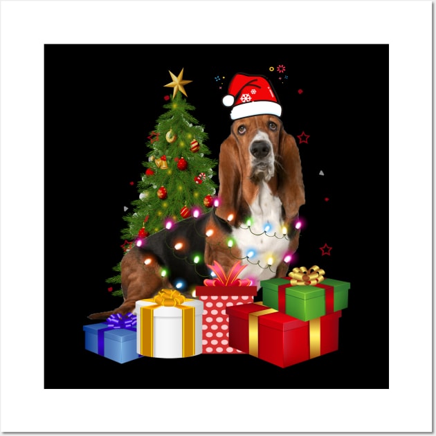 Basset Hound Christmas Tree Santa Hat Funny Xmas Gift Dog T-Shirt Wall Art by CoolTees